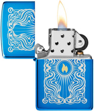 Load image into Gallery viewer, Zippo Lighter - Customize Message on Fancy Flame High Polish Blue Pocket 46424