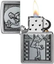 Load image into Gallery viewer, Zippo Lighter - Personalized Custom Message Engraved on Backside for Roller Skating Waitress Emblem Brushed Chrome Windproof Pocket Lighter 48904