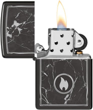 Load image into Gallery viewer, Zippo Lighter- Personalized Custom Message Engraved on Marble Flame Design High Polish Black Pocket Lighter 46571