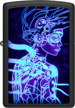 Load image into Gallery viewer, Zippo Black Light Cyber Woman Design Black Matte Pocket Lighter