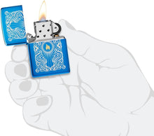 Load image into Gallery viewer, Zippo Lighter - Customize Message on Fancy Flame High Polish Blue Pocket 46424
