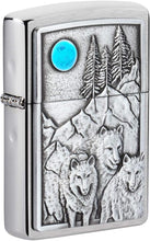 Load image into Gallery viewer, Zippo Wolf Pack and Moon Emblem Brushed Chrome Pocket Lighter