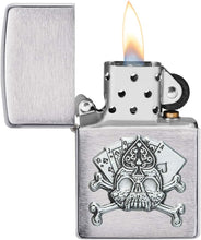 Load image into Gallery viewer, Zippo Card Skull Emblem Brushed Chrome Pocket Lighter, One Size
