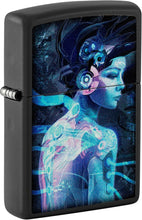 Load image into Gallery viewer, Zippo Black Light Cyber Woman Design Black Matte Pocket Lighter