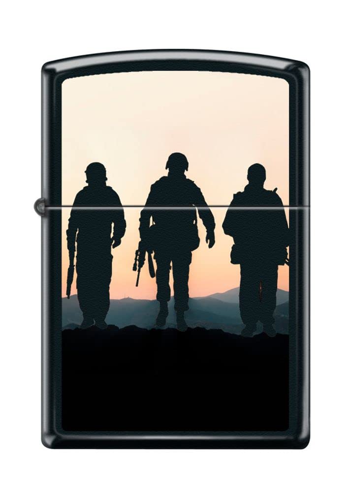 Zippo Lighter - Personalized Custom Message Engraved on Backside for Soldiers at Sunset Silhouette Black Matte #Z5147