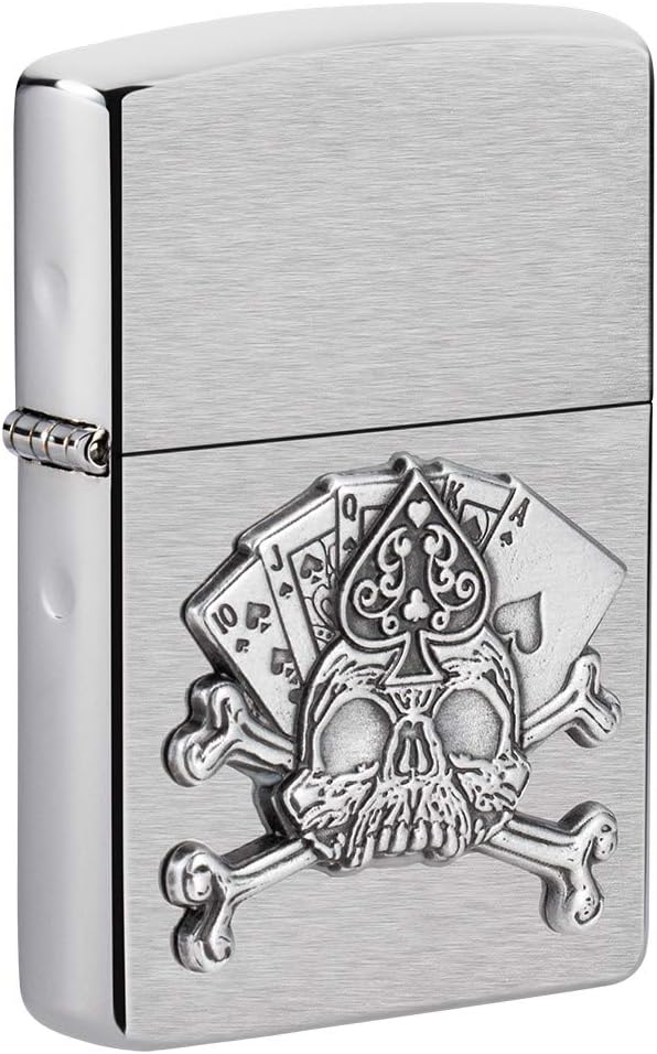 Zippo Card Skull Emblem Brushed Chrome Pocket Lighter, One Size