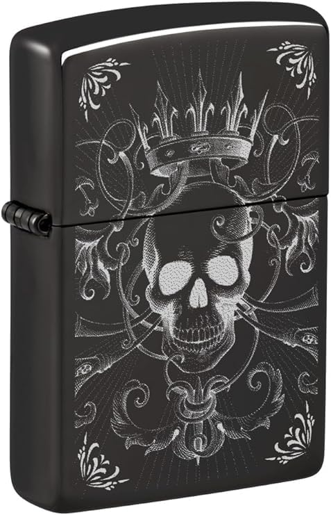 Zippo Lighter - Customize Message on Royal Skull High Polish Black Pocket 46699