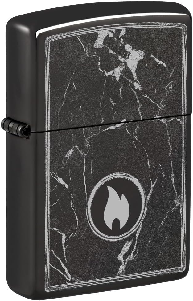 Zippo Lighter- Personalized Custom Message Engraved on Marble Flame Design High Polish Black Pocket Lighter 46571