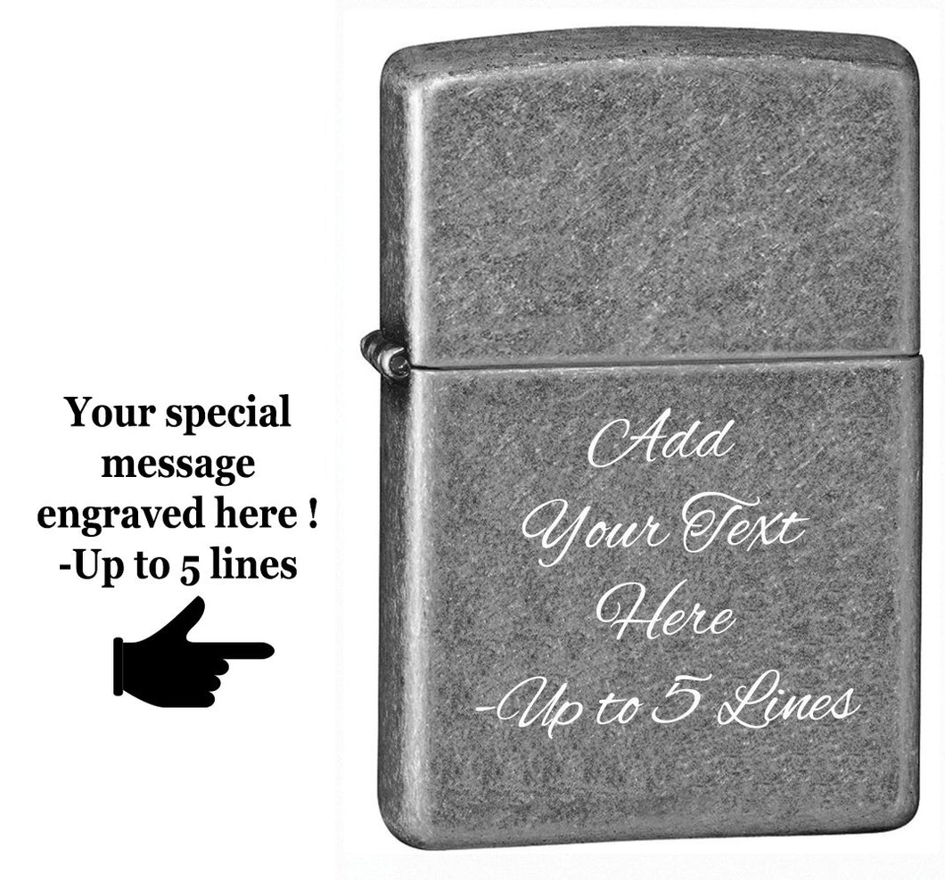 Zippo Lighter - Personalized Custom Message Engrave Chrome Windproof Lighter Antique Silver Plate 121FB