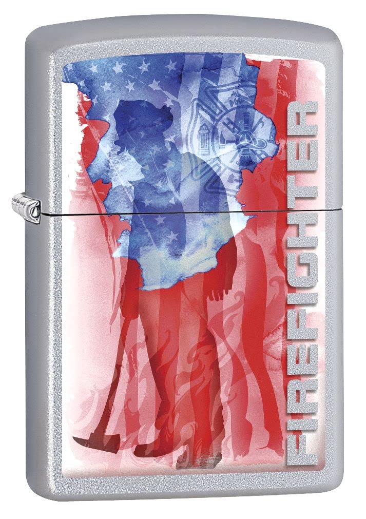 Zippo Lighter- Firefighter Flag Shield Satin Chrome Windproof Lighter #Z5157