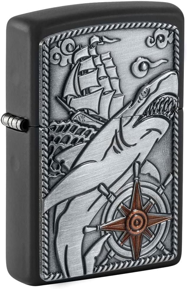 Zippo Lighter - Personalized Custom Message Engraved on Backside for Nautical Shark Emblem Attached, Black Matte Lighter #48120