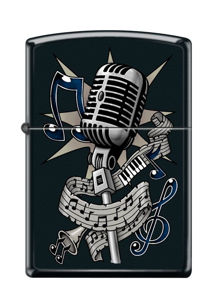 Zippo Lighter- Personalized Custom Message Engraved on Backside Tattoo Microphone Music Black Matte Windproof Lighter Z5118