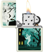 Load image into Gallery viewer, Zippo Lighter - Personalized Custom Message Engraved on Backside for Ghost Owl Scary Spooky Halloween Design - Glow-in-The-Dark Green Windproof Pocket Lighter 48727
