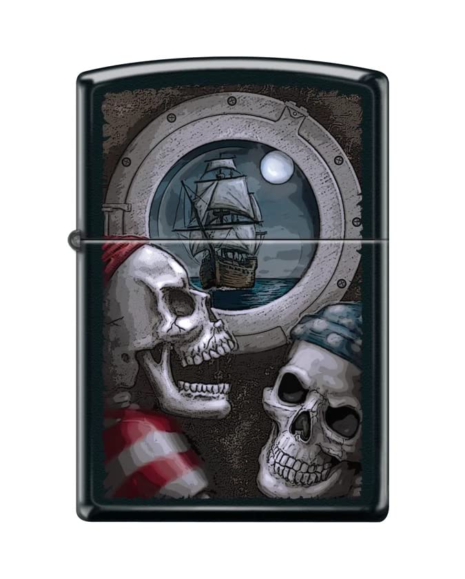 Zippo Lighter - Personalized Customize Message Engrave on Backside for Skull Pirate Windproof Lighter Ship Pirate Skull Black Matte Z5466