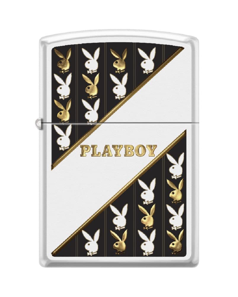 Zippo Lighter -Personalized Customize Message Engrave on Backside for Playboy Rabbit Head Design Bunny Diagonals Lines Patterns White Matte #Z5332