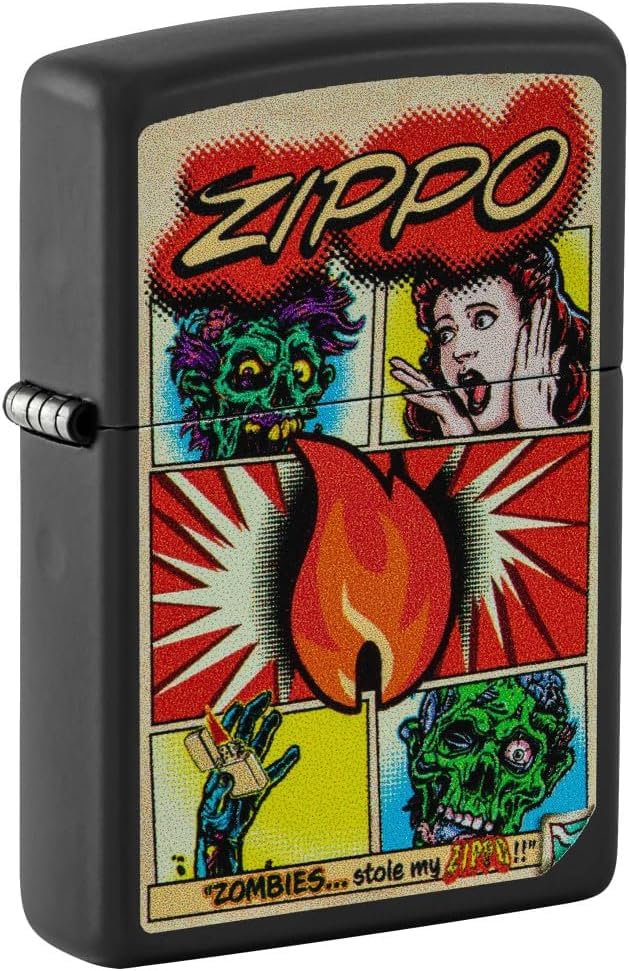 Zippo Lighter - Customized Message on Comic Zombies Black Matte Pocket 46229