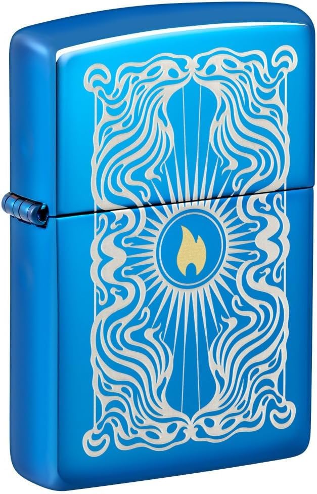 Zippo Lighter - Customize Message on Fancy Flame High Polish Blue Pocket 46424