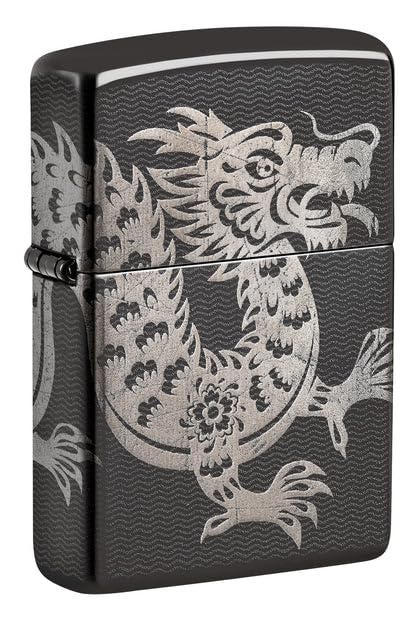 Zippo Lighter - Custom Engraved with Your Message for Lucky Dragon Design High Polish Black Pocket Lighter 46260