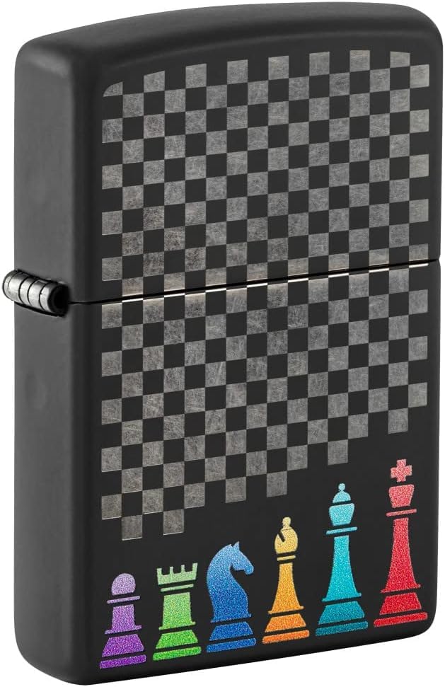 Zippo Lighter - Custom Message Engrave Backside Chess Pieces - Black Matte 48662