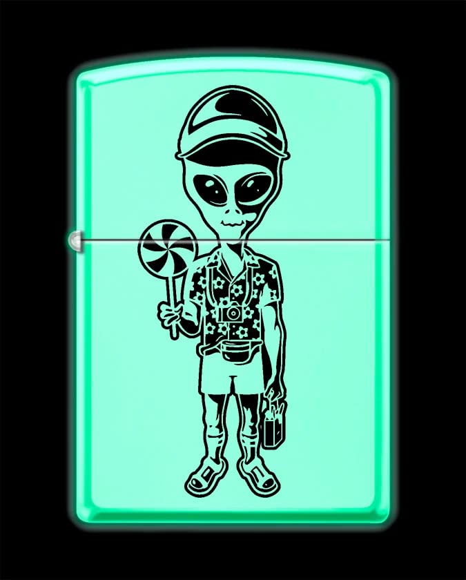 Zippo Lighter - Personalized Message Engraved on Backside Alien with Lollipop Glow in The Dark Z5511