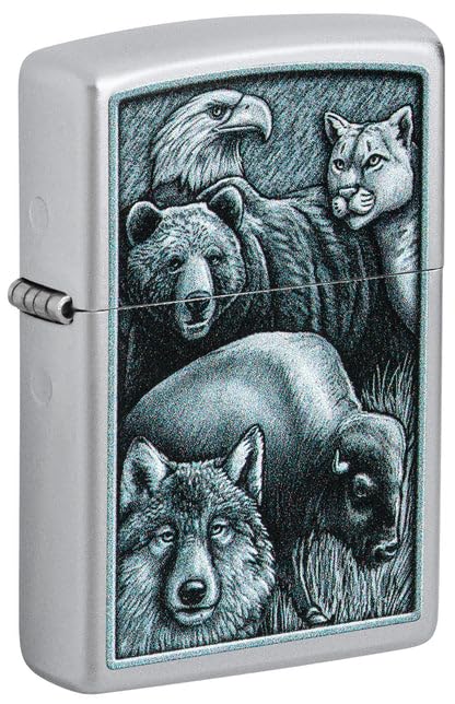 Zippo Lighter - Custom Engraved with Your Message for Animal Kingdom Design Satin Chrome Pocket Lighter 46237