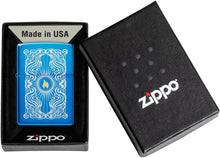 Load image into Gallery viewer, Zippo Lighter - Customize Message on Fancy Flame High Polish Blue Pocket 46424
