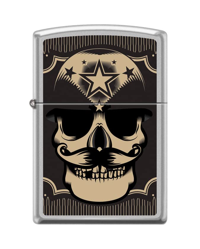 Zippo Lighter - Personalized Customize Message Engrave on Backside for Skull Pirate Windproof Lighter Military Skull Two Satin Chrome Z5407