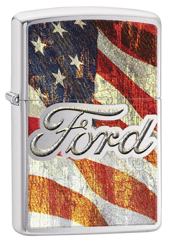 Zippo Lighter - Personalized Custom Message Engraved on Backside for Ford Logo US Flag Brushed Chrome #Z5064